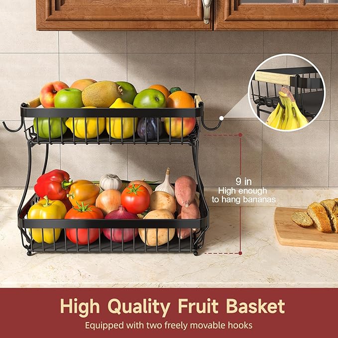 2 Tier Large Fruit Basket for Kitchen Counter with 2 Mobile Banana Hangers, 2026 Pro Detachable Metal Fruit Bowl with Wooden Handle (Brown, 3 Tier)