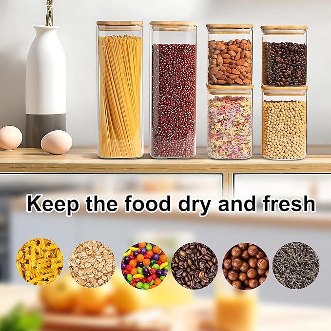 Glass Food Storage Jars Set of 5 with Bamboo Lid Airtight Glass Storage Canister, Cylindrical Kitchen Clear Food Storage Container Jar, for Pasta, Coffee, Cookies, Nuts, Cereal, Oats, Flour