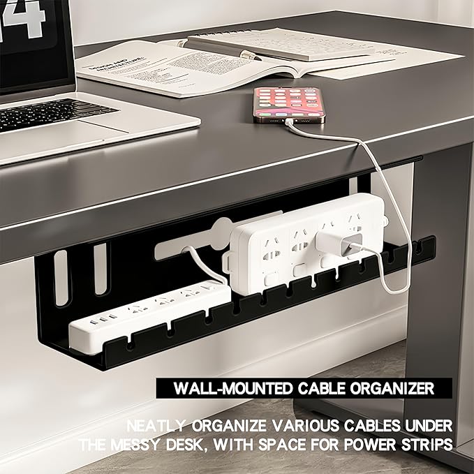 Under Desk Cable Management 12'' Tray Wires Organizer Power Strip Management No Drill Under Table Organizer for Cable Storage (BLACK-30CM)