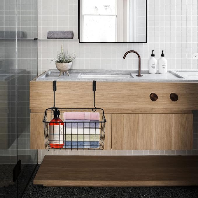 4PCS Over the Cabinet Basket, Over Cabinet Door Organizer, Grid Storage Baskets with Hooks, Metal Hanging Basket Kitchen Storage Organizer Holder for Pantry, Bathroom, Black, 11x9.2x4.3’’
