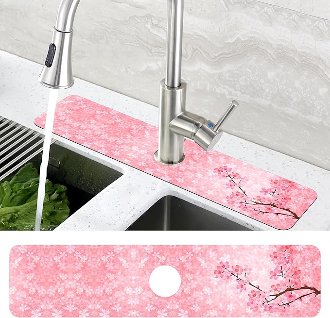 Spring Cherry Blossom Kitchen Sink Splash Guard Absorbent Fast Drying Mat Faucet Draining Guard Behind Faucet Drip Catcher for Kitchen Bathroom 5.5"24