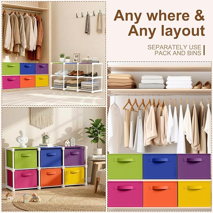 Thyle Large Cube Storage Organizer Shelf with 6 Bins 14 Inch Fabric Collapsible Cubby Storage Drawers Shelving Unit for Christmas Ornaments Clothes Toys Craft(Rainbow,Colorful)