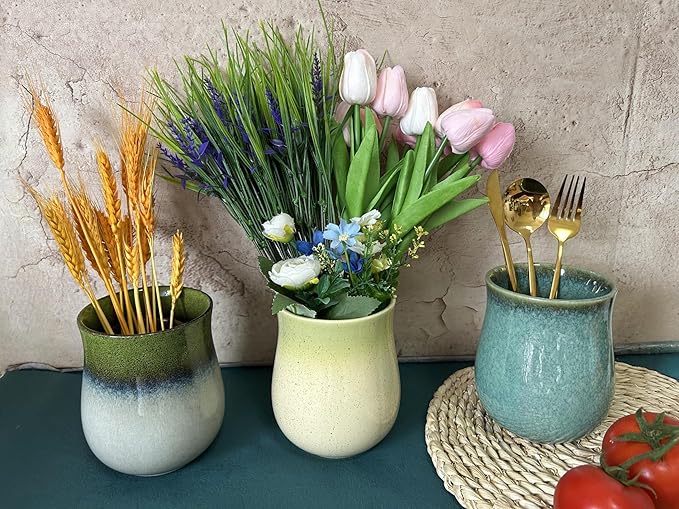 Short Kitchen Utensil Holder for Kitchen Counter, Ceramic Small Utensil Crock & Vase & Holder for Cutlery Spatula Brush Silverware Cooking Utensil Holder (Yellow Green)