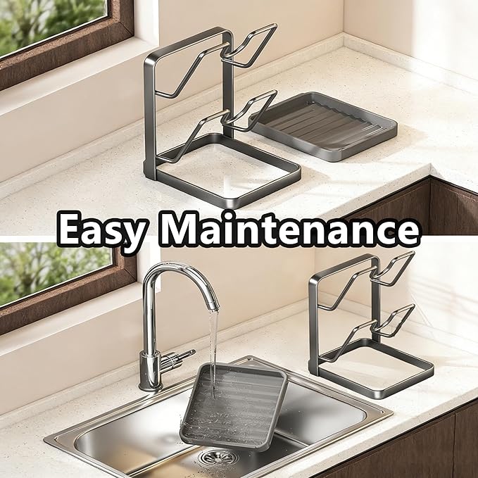 Kitchen Pot Lid Storage Rack, 304 Stainless Steel Pot Lid Holder While Cooking, Lids And Spoon Rest, Cutting Board Holder With Removable Tray, Pots Cover Organizer For Countertop (Gray, Double)