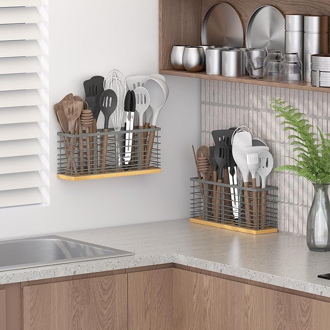 Suli Extra Large Kitchen Utensil Holder with 4 Compartments，Grey Metal holder with Wooden Base for Kitchen Countertop，Farmhouse Cooking Utensil Storage, Rustic Cooking Utensil