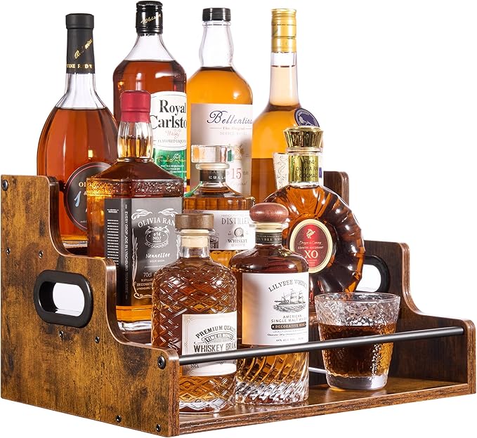 [Upgraded] Rustic Wood Liquor Bottle Display Shelf, 3-Tier Liquor Shelf for Bar Counter, Coffee Syrup Rack Organizer with Handles & Metal Guardrail, Bar Bottle Stand for Home, Kitchen, Cafe