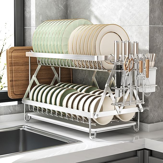 Dish Drying Rack, 304 Stainless Steel Foldable 2 Tier with Hanging Rack for Kitchen Counter, Dish Rack for Dishes, Utensils, Knives and Cutting Board