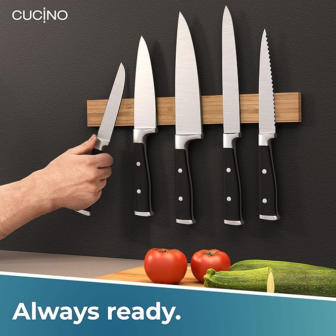 CUCINO Magnetic Knife Holder for Wall 16" No Drilling incl. Self Adhesive Tape - Extra strong Knife Holder - Awarded Knife Magnetic Strip - Made of Bamboo