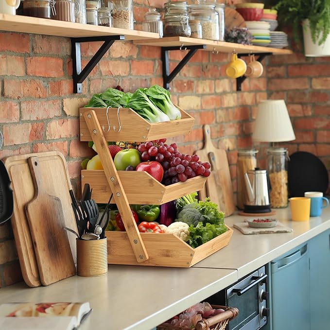 Bamboo Fruit Basket 3-Tier - Premium Produce Basket for Kitchen w/ 2 Hangers - Durable & Easy to Assemble Stand for Countertop - Perfect Holder for Vegetables, Bread, Snacks & More