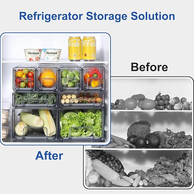 Bronkeeper Pull Out Clear Fridge Organizer Drawers with Drainer, Refrigerator Stackable Storage Bins for Kitchen Fruit & Veggie Organization (2PCS, Small)