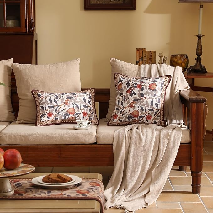 patdrea Designer Throw Pillow Covers Set of 2,Orange Farmhouse Rustic Linen with Pomegranate Fruit Pattern Pillow Covers,Decorative Square Pillowcases Cushion for Bed Living Room Outdoor,18"x18"