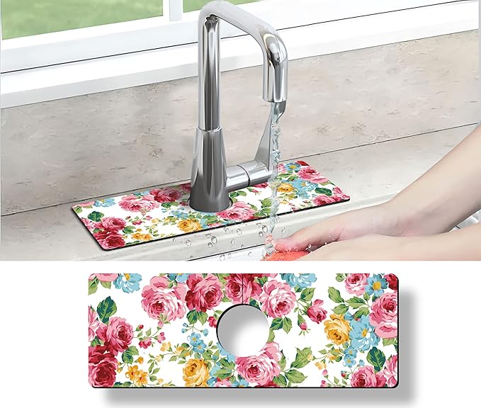 Kitchen Sink Splash Guard Faucet Mat Super Absorbent Fast Drying Mat Sink Gadgets Splash Guard Behind Faucet Drip Catcher for Kitchen (Pink Red Roses Floral, 15x5.5in)