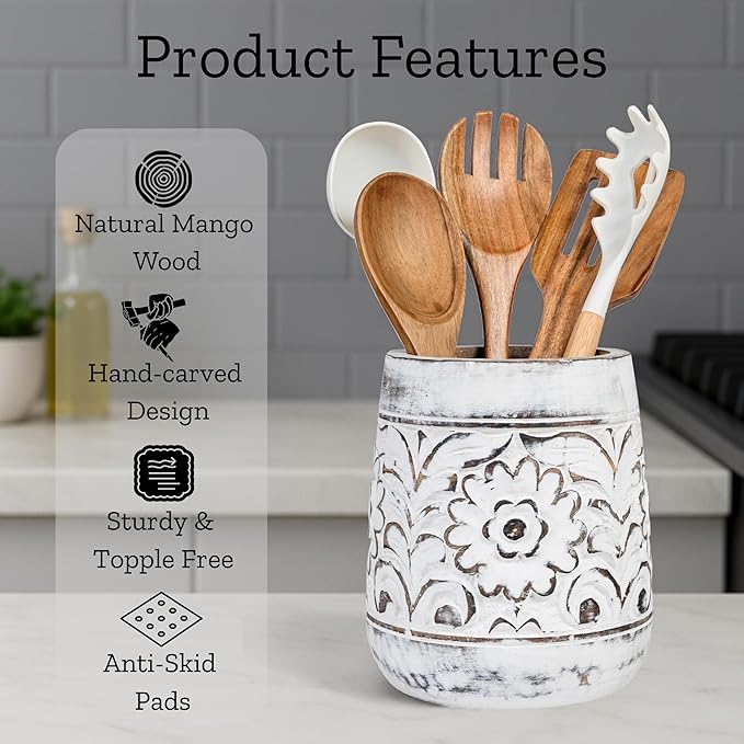 Mie Creations Farmhouse 7'' Large Utensil Holder for Kitchen Counter, Handcarved Wooden Utensils Crock | Decorative Floral Vintage Utensil Holder, Shabby Chic Cooking Organizer - Distressed White