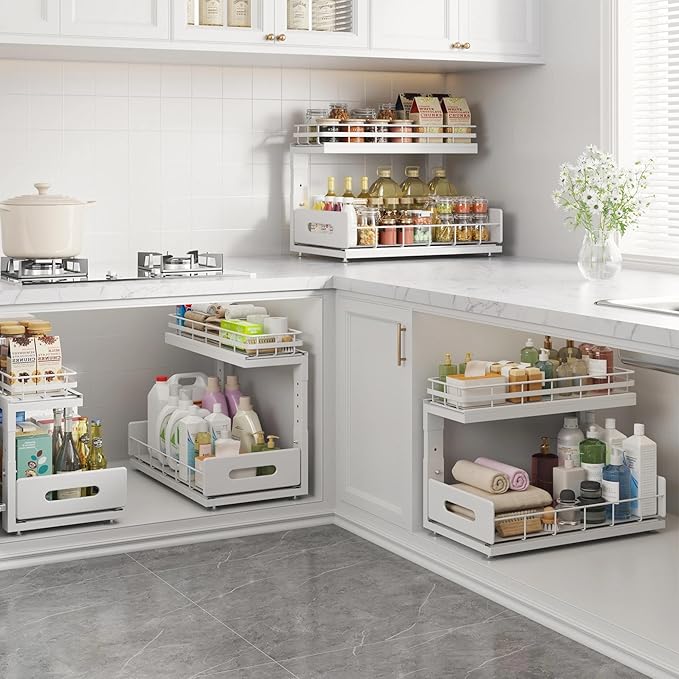 2 Pack 16.7 IN Depth Under Sink Organizer with Smooth Ball Bearing Slides,2-Tier Pull Out Cabinet Storage,Slide Out Drawers for Bathroom&Kitchen,Rust-resistant Coating,Height Adjustable-White