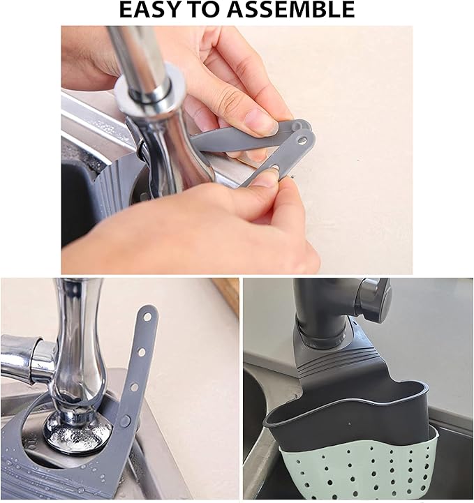 Kitchen Sink Caddy - Silicone Plastic Soap Sponge Holder - BPA-free Rack - Faucet Caddy with Drain Holes for Drying - Adjustable Hanging Strap (Light Green)