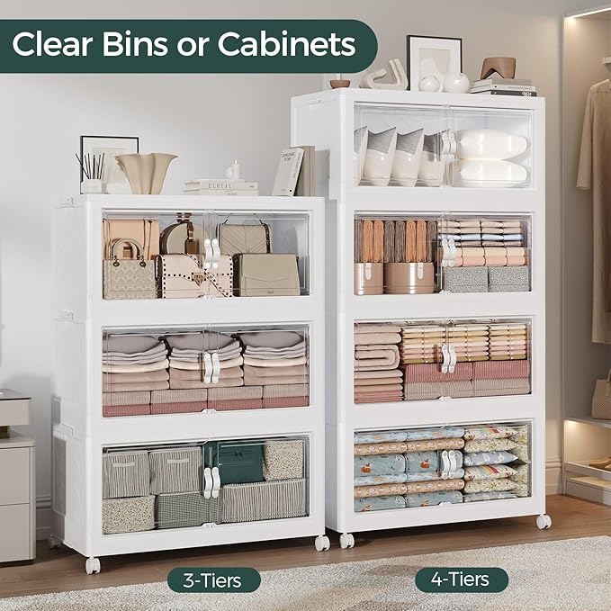 Atrasee 720QT Extra Large Stackable Storage Bins with Lid, 180Gal Collapsible Closet Organizer Box with Wheels, Folding Plastic Storage Cabinet with Doors for Home Bedroom Office Dorm, 6Pack White