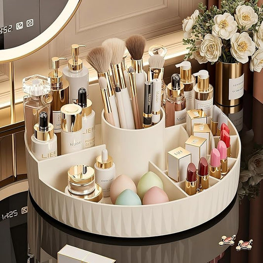 360° Rotate Makeup Organizer, Countertop Skincare Organizer, Large Capacity Multi-Compartment Makeup Brush Lipstick Skincare Organizer, Cosmetic Storage for Dresser Vanity & Bathroom (Beige)