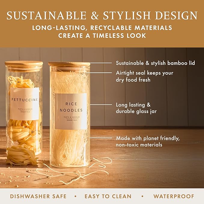Glass Pantry Storage Containers with Lids- 420 Pantry Labels– Set of 12 (8 x 20oz& 4 x 34oz) Glass Canisters with bamboo lids-Perfect Pasta Storage Containers-AIrtight-Kitchen Canisters