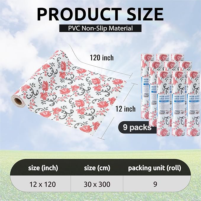 FIFTY FEET 12X120 Inch Shelf Liner for Kitchen Cabinets, PVC Drawer Liner for Dresser Non-Slip Bathroom, Non-Adhesive Cabinet Liner Washable (Red Floral)(9 Roll)