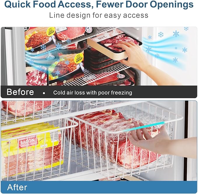 iSPECLE Freezer Organizer Bins - 4 Pack Medium Upright Baskets for 14 to 15.5 cu.ft Stand Up Freezer, Easily Sort and Get Food, Air Circulation Stops Food Sliding Out, White