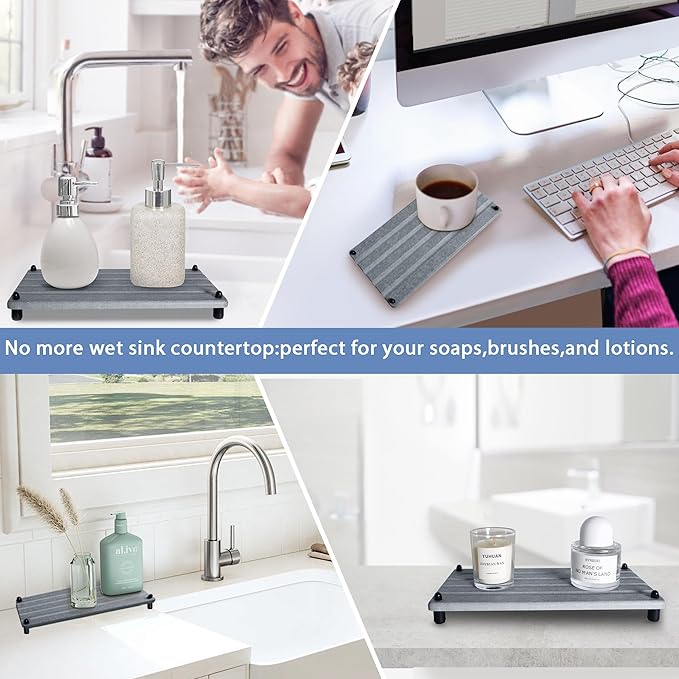2 PCS Water Absorbing Stone Trays for Bathroom Counter, Fast-Drying Faucet Mat for Kitchen Sink, Diatomite Sink Caddy, Hand Soap Holder with Anti-Skid Feet(11" x 4.7" Gray)