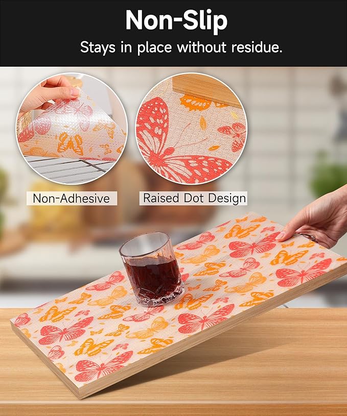 Drawer Liner Shelf Liners for Kitchen Cabinets Non Adhesive - Oil-Resistant Waterproof Sturdy and Resilient Kitchen Cabinet Liners for Shelves, Tool Box, Refrigerator(Red Butterfly, 17.7" W x 360" L)