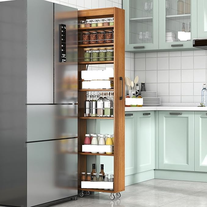 7-Tier Slim Pull-Out Storage Cart with Wheels – Multi-Functional Mobile Organizer, 7 Open Shelves + Top, Adjustable Height, Protection Bars, Perfect for Kitchen, Living Room & Narrow Spaces (Oak)