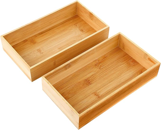 Chengu 2 Pcs Bamboo Bathroom Trays Small Vanity Tray for Toilet Tank and Bathroom Counter Top, Wood Napkin Holder Tray Organizer for Soap Dispenser Perfume Home Kitchen Decor, 9.8 x 5.5 Inch