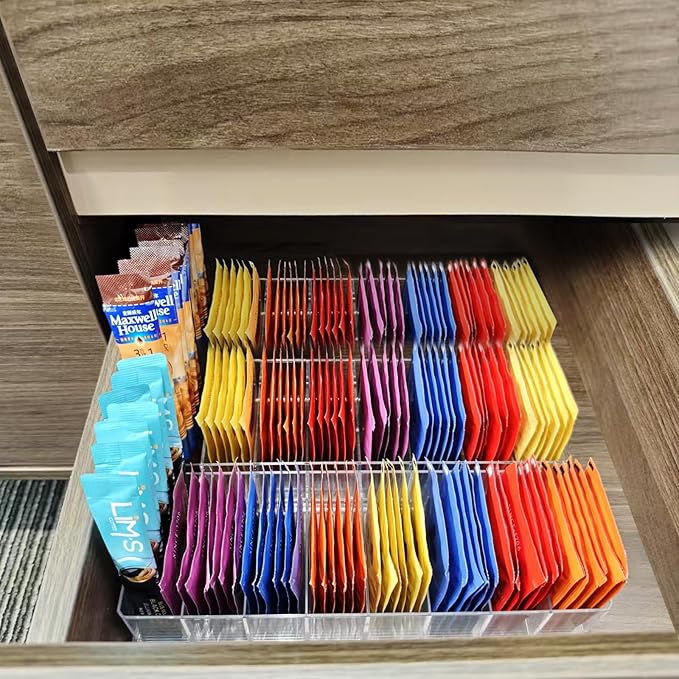 6 Pack Tea Bag Organizer, Clear Plastic Tea Bag Holder with Adhesive Non-Slip Pads, 8-Compartment Sugar & Drink Packet Organizer for Kitchen Storage Organization, Break Room, Pantry Even Drawer
