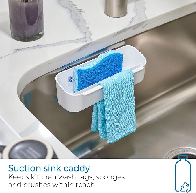 iDesign Suction Kitchen Sink Caddy Sponge Holder with Dishcloth Bar - White