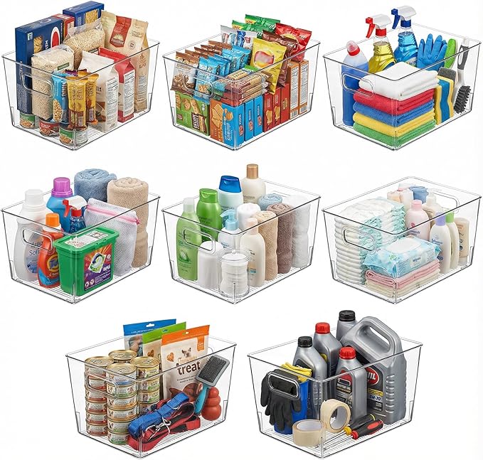 MOONEDGE Large Clear Plastic Storage Bins 8 Pack, 12" x 8" x 6" Durable Organizers for Pantry, Kitchen, Garage, Closet, Laundry Room & Office, Food Safe, Easy to Clean, Complete Home Storage Solution