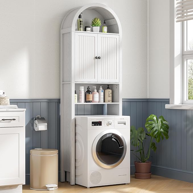 White Over The Toilet Storage Cabinet with Fluted Doors, 4 Tier Small Bathroom Shelf Organizer, Arched Bathroom Cabinet with Adjustable Shelf, Slim Narrow Toilet Rack, Wood, Anti-Tipping Device