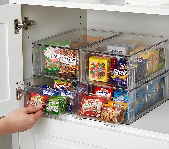 4 Pack Stackable Storage Drawers,Plastic Organizers Bins, Drawers Storage with Handles and Movable Dividers for Organization and Storage in Fridge,Bathroom, Pantry, Kitchen Cabinets, Under Sink