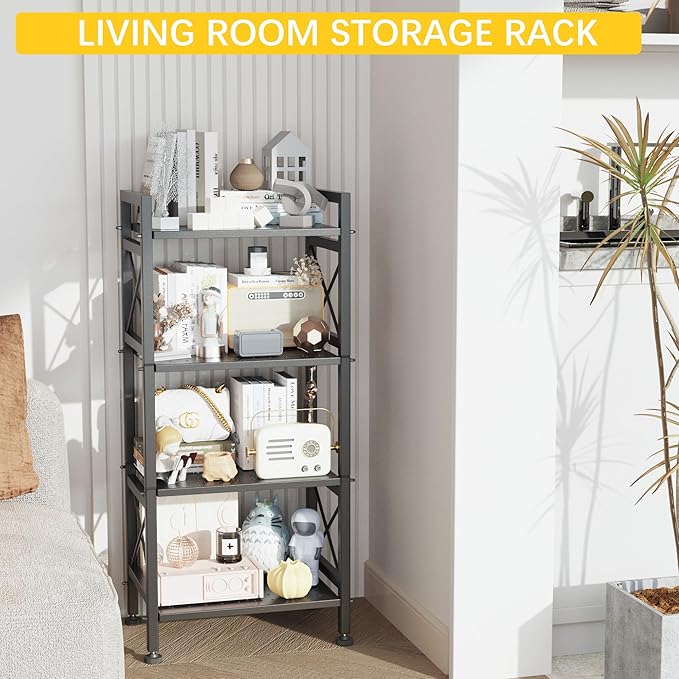 GIOTORENT 4-Tier Industrial Metal Bookcase, Narrow Bookshelf for Bedroom & Living Room - Tall Storage Shelf for Books Movies CDs, 16.8" W x 12.8" D x 41.7" H, Black