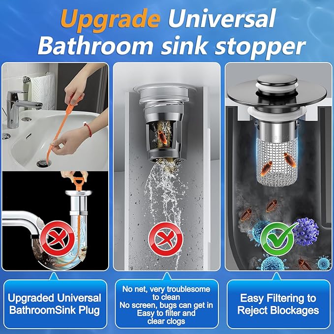 Sink Stopper Hair Catcher, Pop-up Sink Drain Strainer with Removable Stainless Steel Strainer Basket Hair Catcher, Bathroom Sink Strainer for Bathroom Sink Stopper Replacement (2pcs)