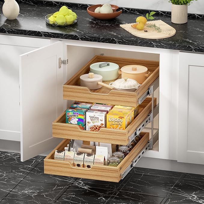 ROOMTEC 3 Tier Pull Out Cabinet Organizer, Heavy-Duty Pull Out Drawer, Slide Out Wood Shelf for Cabinets, Base Cabinet Organization for Pantry, Bathroom (19½"Wx21 D)