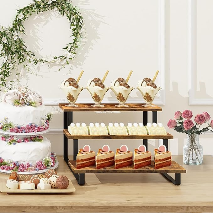 ELITEROO 3 Tier Straight Display Shelf, Portable Wood Retail Cupcake Dessert Stand Display Table, 3 Step Collectible Riser Stand, Tabletop Vendor Display Shelves Rack, Craft Show Countertop Risers