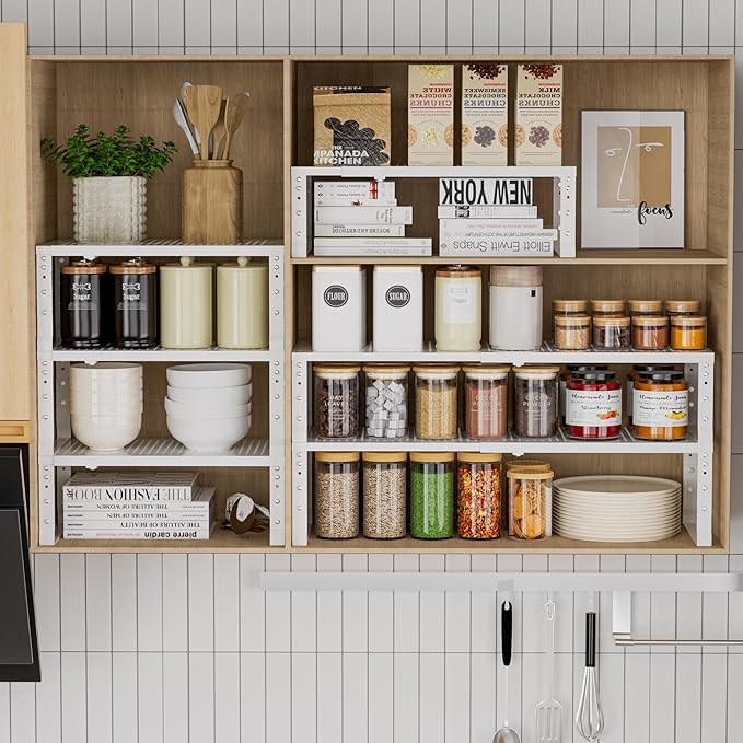 Flat Top Storage Rack - Expandable 16.5"~27" W Countertop Space Saver, Heavy-Duty Steel Construction, Powder Coated Finish for Kitchens, Bathrooms, Workshops or Offices