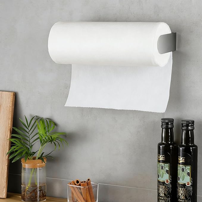 YIGII Self Adhesive Paper Towel Holder - Wall Mount Paper Roll Holder Under Cabinet, Polished SUS 304 Papertowel Holders, Stainless Steel, No Drilling (Polished Silver)