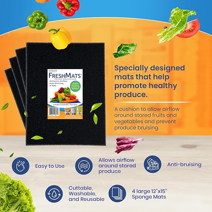 Bluapple FreshMats, Refrigerator Bin Liner, Fridge Drawer Mats, Crisper Life Extender Liner Keeps Produce Fresh Longer, Anti-Bruising, for Air Circulation, Washable & Reusable (4-Mats, 12x15, Black)