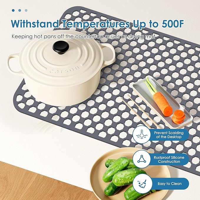 Flytime Silicone Sink Protectors for Kitchen Sink with Right&Left Drain, 28.35"x 14.37" Kitchen Grid Accessory, Non-Slip Heat-Resistant Mat for Bottom of Farmhouse Porcelain Stainless Steel