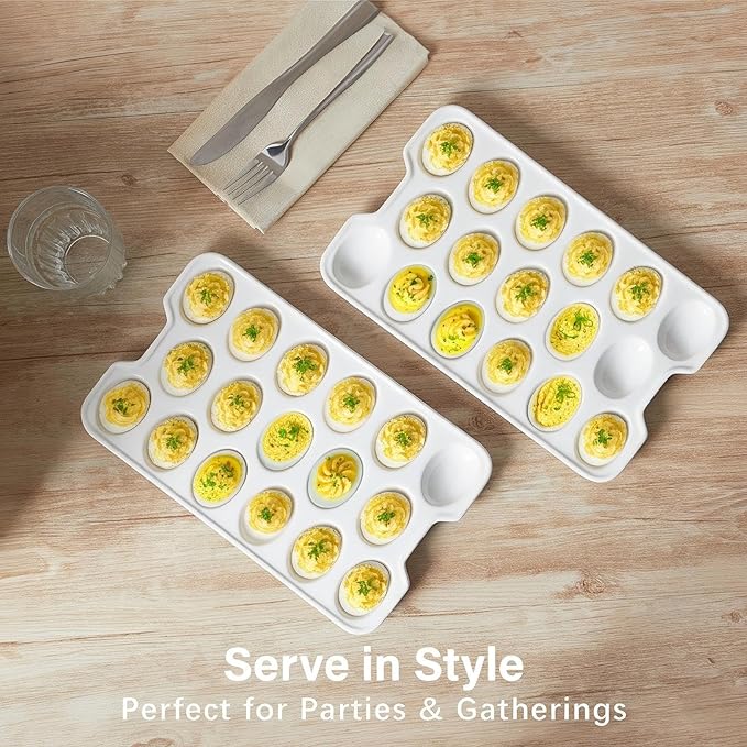 ONEMORE Ceramic Deviled Egg Platter Set of 2, Christmas Deviled Egg Tray, 17 Holes Eggs Holder for Fridge, Rectangle Appetizer Serving Dishes for Parties & Entertaining, Serving Plate for Boiled Eggs