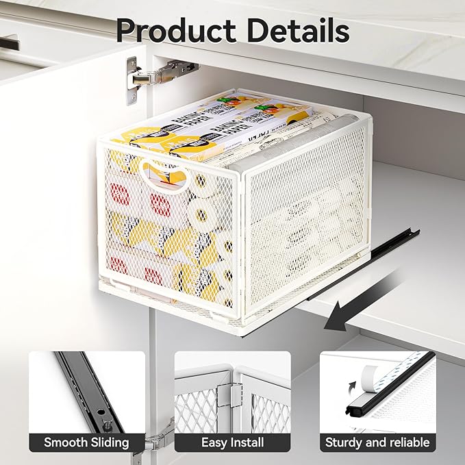 Pull Out Cabinet Organizer,Metal Carbon Steel and Silent sliding Design,Heavy Duty Cabinet Slide Out Shelves for Storing and Organizing Bathrooms, Kitchens, Bedroom 11.8" D*9.6" W*8.4" H