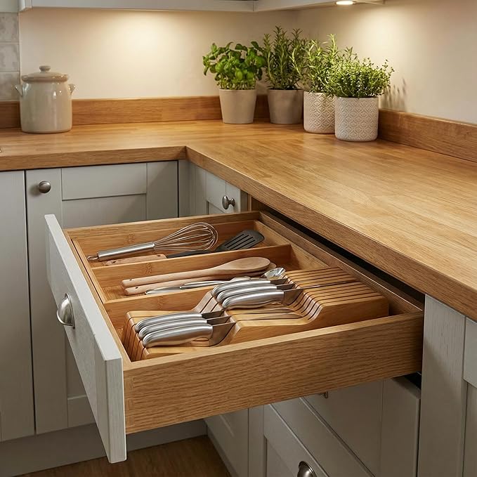 Culinary Edge Bamboo In-Drawer Knife Block Organizer | Space-Saving Knife Drawer Insert for Safe Blade Storage | Eco-Friendly Bamboo Knife Organizer for Kitchen Drawers