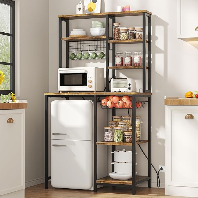 Mini Fridge Stand with Storage, Microwave and Coffee Bar Organizer with Power Outlet, Bakers Rack Storage Shelves for Kitchen Appliances, Perfect for Dorm Kitchen Coffee Bar, Vintage Brown