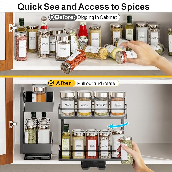 iSPECLE Spice Rack Organizer for Cabinet - 1 Pack Rotate Pull Out Spice Racks for Easy Access, Adjust Height to Fit 4 oz to 8 oz Spice Jars, Peel and Stick, 10.2" D for Inside Cabinet