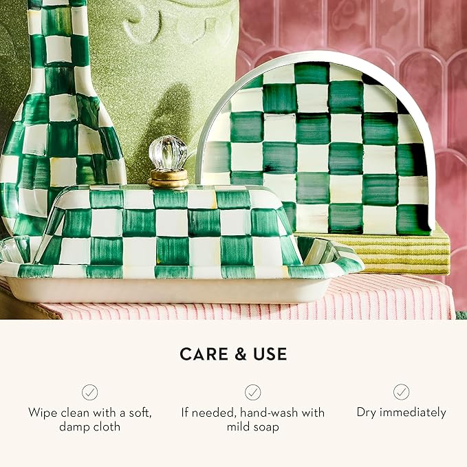 MACKENZIE-CHILDS Enamel Napkin Holder, Kitchen Napkin Holder for Table and Countertop, Green-and-White Emerald Check