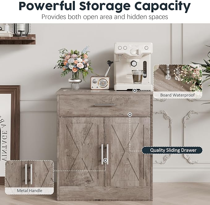 SUNLEI Kitchen Buffet Sideboard Cabinet, Farmhouse Wooden Storage Cabinet with 2 Doors & 1 Drawers, Coffee Bar Cabinet with Storage for Living Room, Adjustable Shelf, Grey