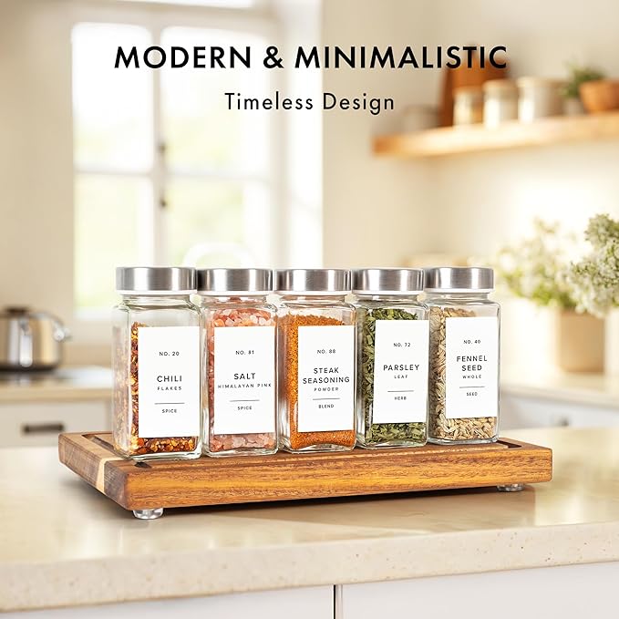 Minimalist Spice Jar Labels Self-Adhesive - 240 Stickers for Spice Jars, Spice Jars & Drawers, Round & Rectangular, Waterproof Spice Organiser Labels for Kitchen Organisation (White)