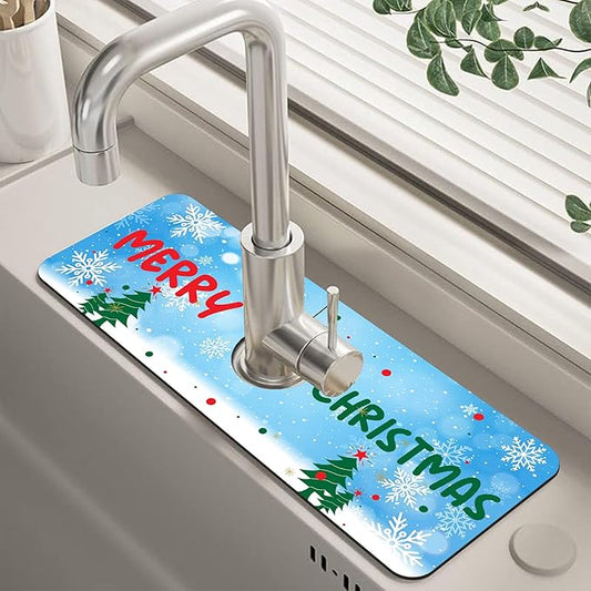 Christmas Tree Snowflakes Dish Drying Mat for Kitchen Sink Splash Guard Behind Faucet Sink Mat Absorbent Fast Drying Faucet Draining Mat for Bathroom Kitchen 5.5"×15"